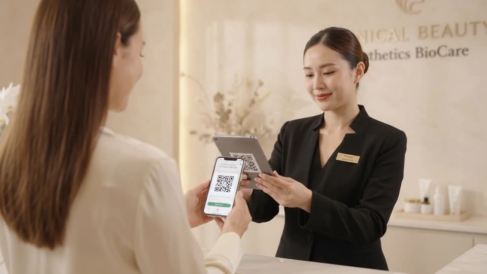 Member showing her Club card code at clinic reception